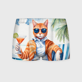 Мужские трусы 3D с принтом Рыжий кот с коктейлем у моря под пальмами в Белгороде, 50% хлопок, 50% полиэстер | классическая посадка, на поясе мягкая тканевая резинка | Тематика изображения на принте: 