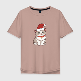 Мужская футболка хлопок Oversize с принтом Кошка в новогодней шапке в Курске, 100% хлопок | свободный крой, круглый ворот, “спинка” длиннее передней части | Тематика изображения на принте: 