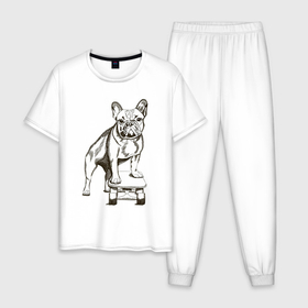 Мужская пижама хлопок с принтом Французский бульдог на скейте в Белгороде, 100% хлопок | брюки и футболка прямого кроя, без карманов, на брюках мягкая резинка на поясе и по низу штанин
 | 
