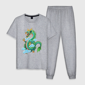 Мужская пижама хлопок с принтом Зелёный дракон 2024  в облаках , 100% хлопок | брюки и футболка прямого кроя, без карманов, на брюках мягкая резинка на поясе и по низу штанин
 | 
