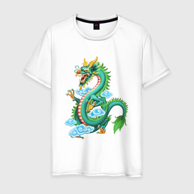Мужская футболка хлопок с принтом Зелёный дракон 2024  в облаках , 100% хлопок | прямой крой, круглый вырез горловины, длина до линии бедер, слегка спущенное плечо. | 