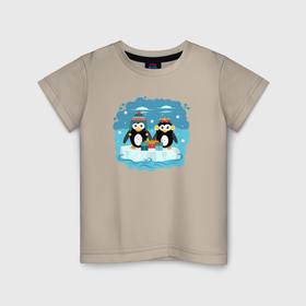 Детская футболка хлопок с принтом Пингвины с подарками плывут на льдине в Новосибирске, 100% хлопок | круглый вырез горловины, полуприлегающий силуэт, длина до линии бедер | Тематика изображения на принте: 