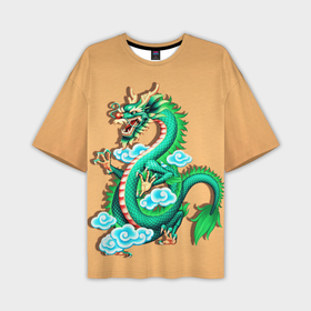 Мужская футболка oversize 3D с принтом Зелёный дракон на оранжевой текстуре ,  |  | 