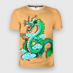 Мужская футболка 3D Slim с принтом Зелёный дракон на оранжевой текстуре , 100% полиэстер с улучшенными характеристиками | приталенный силуэт, круглая горловина, широкие плечи, сужается к линии бедра | 