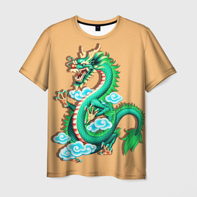 Мужская футболка 3D с принтом Зелёный дракон на оранжевой текстуре , 100% полиэфир | прямой крой, круглый вырез горловины, длина до линии бедер | 