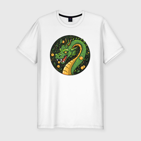 Мужская футболка хлопок Slim с принтом Год зелёного деревянного дракона мандарины в Санкт-Петербурге, 92% хлопок, 8% лайкра | приталенный силуэт, круглый вырез ворота, длина до линии бедра, короткий рукав | 