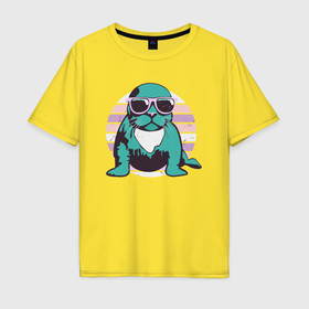 Мужская футболка хлопок Oversize с принтом Тюлень в очках в Тюмени, 100% хлопок | свободный крой, круглый ворот, “спинка” длиннее передней части | 