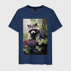 Мужская футболка хлопок с принтом Енот с виноградом в Курске, 100% хлопок | прямой крой, круглый вырез горловины, длина до линии бедер, слегка спущенное плечо. | 