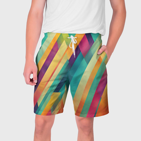 Мужские шорты 3D с принтом Цветные диагональные полосы в Курске,  полиэстер 100% | прямой крой, два кармана без застежек по бокам. Мягкая трикотажная резинка на поясе, внутри которой широкие завязки. Длина чуть выше колен | 