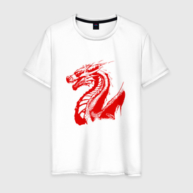 Мужская футболка хлопок с принтом Дракон красный в Екатеринбурге, 100% хлопок | прямой крой, круглый вырез горловины, длина до линии бедер, слегка спущенное плечо. | 