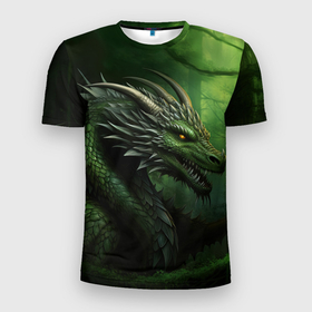 Мужская футболка 3D Slim с принтом Зеленый  дракон символ 2024 в Санкт-Петербурге, 100% полиэстер с улучшенными характеристиками | приталенный силуэт, круглая горловина, широкие плечи, сужается к линии бедра | 