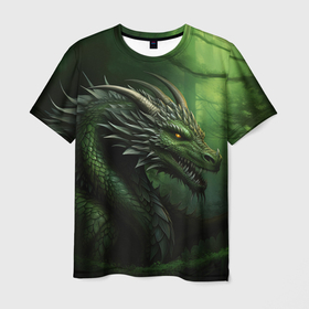 Мужская футболка 3D с принтом Зеленый  дракон символ 2024 , 100% полиэфир | прямой крой, круглый вырез горловины, длина до линии бедер | Тематика изображения на принте: 