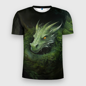 Мужская футболка 3D Slim с принтом Символ года зеленый  дракон в Белгороде, 100% полиэстер с улучшенными характеристиками | приталенный силуэт, круглая горловина, широкие плечи, сужается к линии бедра | 