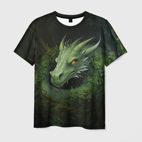 Мужская футболка 3D с принтом Символ года зеленый  дракон в Кировске, 100% полиэфир | прямой крой, круглый вырез горловины, длина до линии бедер | 