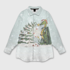 Мужская рубашка oversize 3D с принтом Дракон у наряженной ёлки и заяц беляк в Петрозаводске,  |  | Тематика изображения на принте: 