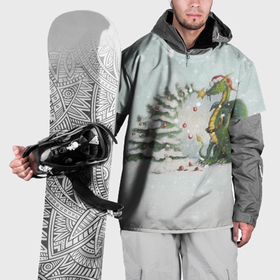 Накидка на куртку 3D с принтом Дракон у наряженной ёлки и заяц беляк , 100% полиэстер |  | Тематика изображения на принте: 