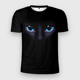 Мужская футболка 3D Slim с принтом Чёрная кошка с голубыми глазами в Тюмени, 100% полиэстер с улучшенными характеристиками | приталенный силуэт, круглая горловина, широкие плечи, сужается к линии бедра | 