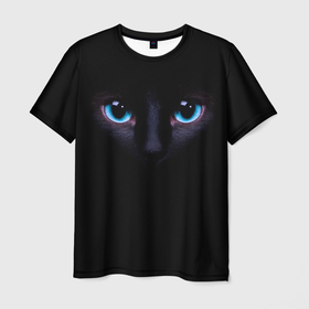Мужская футболка 3D с принтом Чёрная кошка с голубыми глазами в Тюмени, 100% полиэфир | прямой крой, круглый вырез горловины, длина до линии бедер | Тематика изображения на принте: 