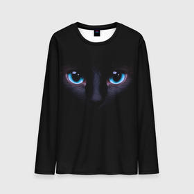 Мужской лонгслив 3D с принтом Чёрная кошка с голубыми глазами в Тюмени, 100% полиэстер | длинные рукава, круглый вырез горловины, полуприлегающий силуэт | 
