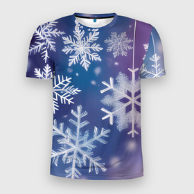 Мужская футболка 3D Slim с принтом Снежинки на фиолетово синем фоне в Курске, 100% полиэстер с улучшенными характеристиками | приталенный силуэт, круглая горловина, широкие плечи, сужается к линии бедра | 