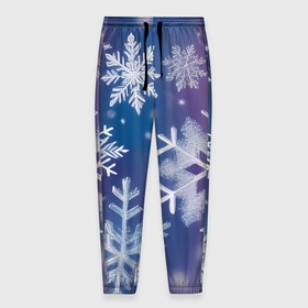 Мужские брюки 3D с принтом Снежинки на фиолетово синем фоне в Тюмени, 100% полиэстер | манжеты по низу, эластичный пояс регулируется шнурком, по бокам два кармана без застежек, внутренняя часть кармана из мелкой сетки | 
