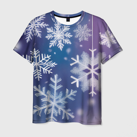 Мужская футболка 3D с принтом Снежинки на фиолетово синем фоне в Курске, 100% полиэфир | прямой крой, круглый вырез горловины, длина до линии бедер | Тематика изображения на принте: 