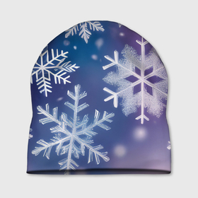 Шапка 3D с принтом Снежинки на фиолетово синем фоне , 100% полиэстер | универсальный размер, печать по всей поверхности изделия | 