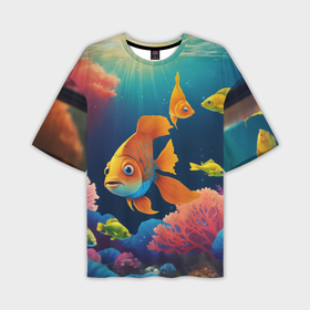 Мужская футболка oversize 3D с принтом Оранжевые рыбки и кораллы под водой в Тюмени,  |  | 