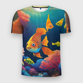 Мужская футболка 3D Slim с принтом Оранжевые рыбки и кораллы под водой в Тюмени, 100% полиэстер с улучшенными характеристиками | приталенный силуэт, круглая горловина, широкие плечи, сужается к линии бедра | Тематика изображения на принте: 