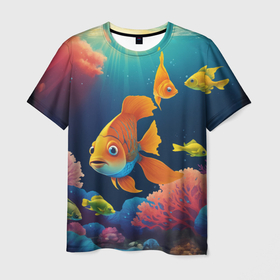 Мужская футболка 3D с принтом Оранжевые рыбки и кораллы под водой в Курске, 100% полиэфир | прямой крой, круглый вырез горловины, длина до линии бедер | 