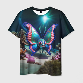 Мужская футболка 3D с принтом Рыба с крыльями бабочки , 100% полиэфир | прямой крой, круглый вырез горловины, длина до линии бедер | 