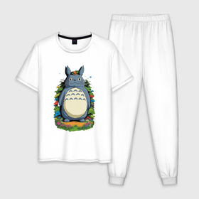 Мужская пижама хлопок с принтом Тоторо на лугу в Тюмени, 100% хлопок | брюки и футболка прямого кроя, без карманов, на брюках мягкая резинка на поясе и по низу штанин
 | 