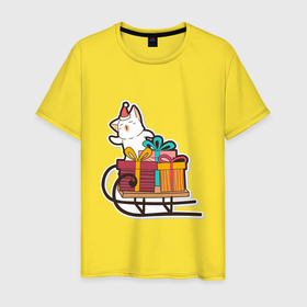 Мужская футболка хлопок с принтом Котик на санях в Курске, 100% хлопок | прямой крой, круглый вырез горловины, длина до линии бедер, слегка спущенное плечо. | 