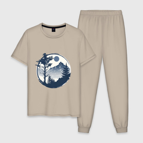 Мужская пижама хлопок с принтом Горный пейзаж в круге в Кировске, 100% хлопок | брюки и футболка прямого кроя, без карманов, на брюках мягкая резинка на поясе и по низу штанин
 | 