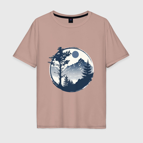 Мужская футболка хлопок Oversize с принтом Горный пейзаж в круге в Кировске, 100% хлопок | свободный крой, круглый ворот, “спинка” длиннее передней части | 