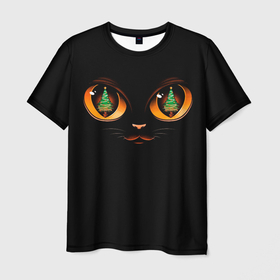 Мужская футболка 3D с принтом Кошачьи глаза с отражением ёлки в Курске, 100% полиэфир | прямой крой, круглый вырез горловины, длина до линии бедер | Тематика изображения на принте: 