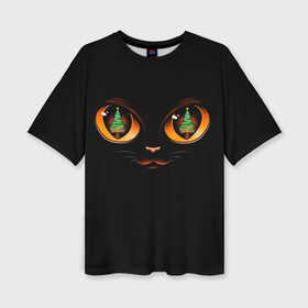 Женская футболка oversize 3D с принтом Кошачьи глаза с отражением ёлки в Екатеринбурге,  |  | Тематика изображения на принте: 