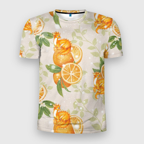 Мужская футболка 3D Slim с принтом Мандариновое настроение оранжевый дракон , 100% полиэстер с улучшенными характеристиками | приталенный силуэт, круглая горловина, широкие плечи, сужается к линии бедра | 