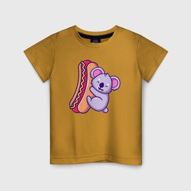 Детская футболка хлопок с принтом Коала с хот догом в Тюмени, 100% хлопок | круглый вырез горловины, полуприлегающий силуэт, длина до линии бедер | 
