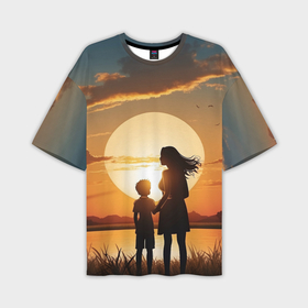 Мужская футболка oversize 3D с принтом Мать и дитя на закате в Кировске,  |  | 