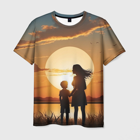 Мужская футболка 3D с принтом Мать и дитя на закате в Кировске, 100% полиэфир | прямой крой, круглый вырез горловины, длина до линии бедер | 