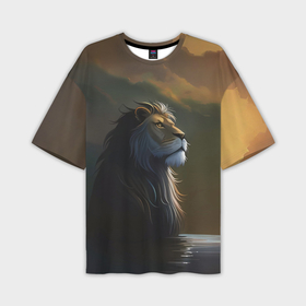 Мужская футболка oversize 3D с принтом Лев в реке смотрящий вдаль в Тюмени,  |  | Тематика изображения на принте: 
