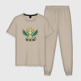 Мужская пижама хлопок с принтом Зеленый дракончик символ Нового года в Кировске, 100% хлопок | брюки и футболка прямого кроя, без карманов, на брюках мягкая резинка на поясе и по низу штанин
 | 