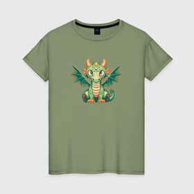 Женская футболка хлопок с принтом Зеленый дракончик символ Нового года в Курске, 100% хлопок | прямой крой, круглый вырез горловины, длина до линии бедер, слегка спущенное плечо | 