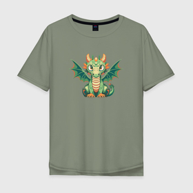 Мужская футболка хлопок Oversize с принтом Зеленый дракончик символ Нового года в Кировске, 100% хлопок | свободный крой, круглый ворот, “спинка” длиннее передней части | 