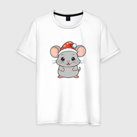 Мужская футболка хлопок с принтом Мышка в новогодней шапке в Екатеринбурге, 100% хлопок | прямой крой, круглый вырез горловины, длина до линии бедер, слегка спущенное плечо. | Тематика изображения на принте: 