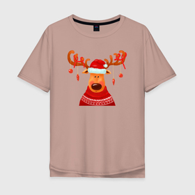 Мужская футболка хлопок Oversize с принтом Новогодний олень в свитере в Курске, 100% хлопок | свободный крой, круглый ворот, “спинка” длиннее передней части | Тематика изображения на принте: 