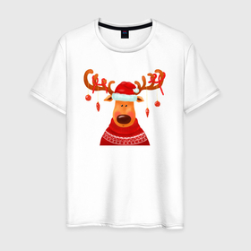 Мужская футболка хлопок с принтом Новогодний олень в свитере в Курске, 100% хлопок | прямой крой, круглый вырез горловины, длина до линии бедер, слегка спущенное плечо. | 