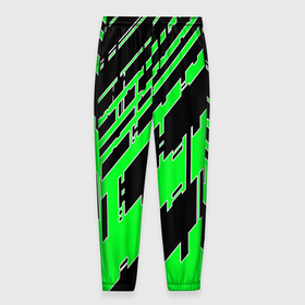 Мужские брюки 3D с принтом Зелёные линии на чёрном фоне в Белгороде, 100% полиэстер | манжеты по низу, эластичный пояс регулируется шнурком, по бокам два кармана без застежек, внутренняя часть кармана из мелкой сетки | 