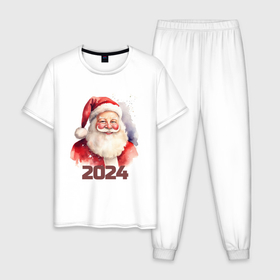 Мужская пижама хлопок с принтом Усатый Санта в Екатеринбурге, 100% хлопок | брюки и футболка прямого кроя, без карманов, на брюках мягкая резинка на поясе и по низу штанин
 | Тематика изображения на принте: 